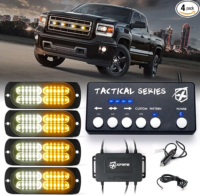 Xprite Surface Mount Strobe Lights Kit with Control Panel, Amber White Grill Grille Side Marker Flashing Emergency Warning Light for Trucks Vehicles ATV RV Cars Van 4PCS