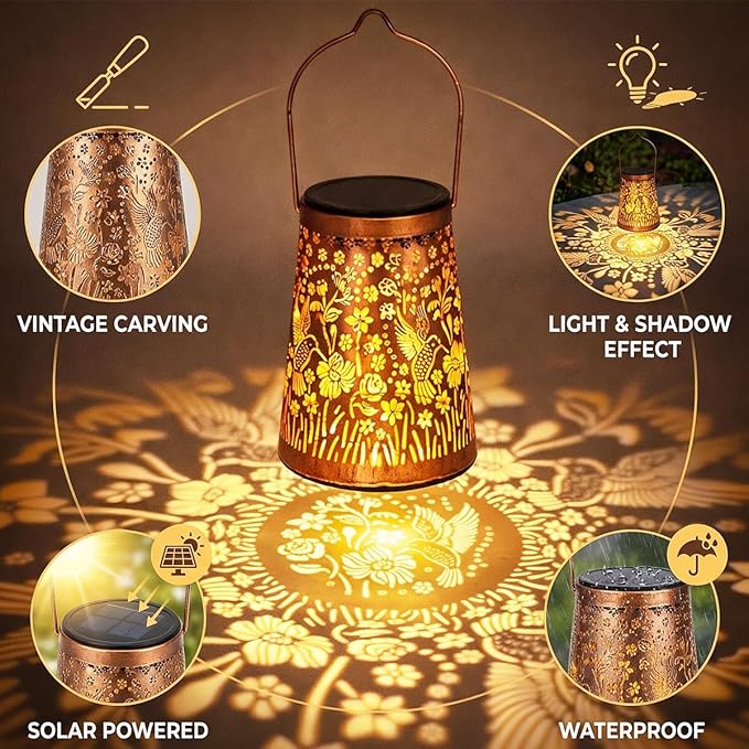 LeiDrail Hummingbird Solar Lanterns Outdoor, 4 Pack Metal Hanging Garden Lights, Waterproof Vintage Copper Decorative Lantern Set for Yard Patio Porch, Gifts for Women Mom Grandma