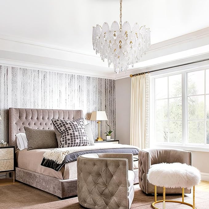 24" Tiered Chandelier, Modern Round 5-Tier Gold Chandeliers for Dining Room,9-Light Tiered Glass Luxury Contemporary Lighting Fixture Kitchen Island,Bedroom,Living RoomL24'' × W24'' × H16''