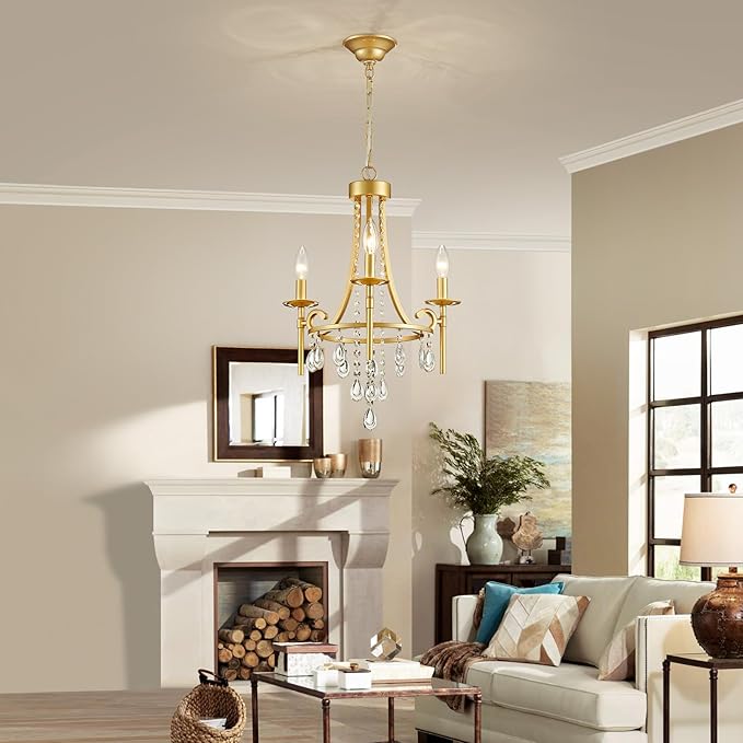 Small Crystal Chandelier, 3-Lights Modern Crystal Chandeliers for Dinning Room, Wagon Wheel Gold Chandelier, Farmhouse Hanging Pendant Light Fixture for Bedroom Hallway Entryway Bar Kitchen Bathroom