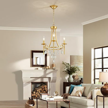 Small Crystal Chandelier, 3-Lights Modern Crystal Chandeliers for Dinning Room, Wagon Wheel Gold Chandelier, Farmhouse Hanging Pendant Light Fixture for Bedroom Hallway Entryway Bar Kitchen Bathroom