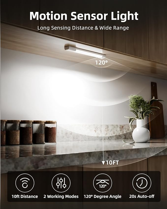 EZVALO 3 Pack 8” Motion Sensor Light Indoor Rechargeable, Stick on Under Cabinet Lighting Wireless, 30 LEDs Closet Light, Dimmable, 3 Color Temps, Counter Lights for Wardrobe, Pantry, Bedroom, Stair