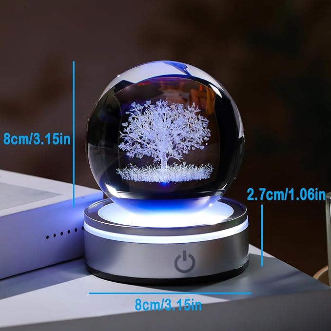 Arikyrist Crystal 3D Tree of Life 3.15in Ball Figurine Gifts for Her, Glass Plant Art Sphere for Room with LED Light Base for Men, Collectible Keepsake for Tree Lovers Home Decor Paperweight