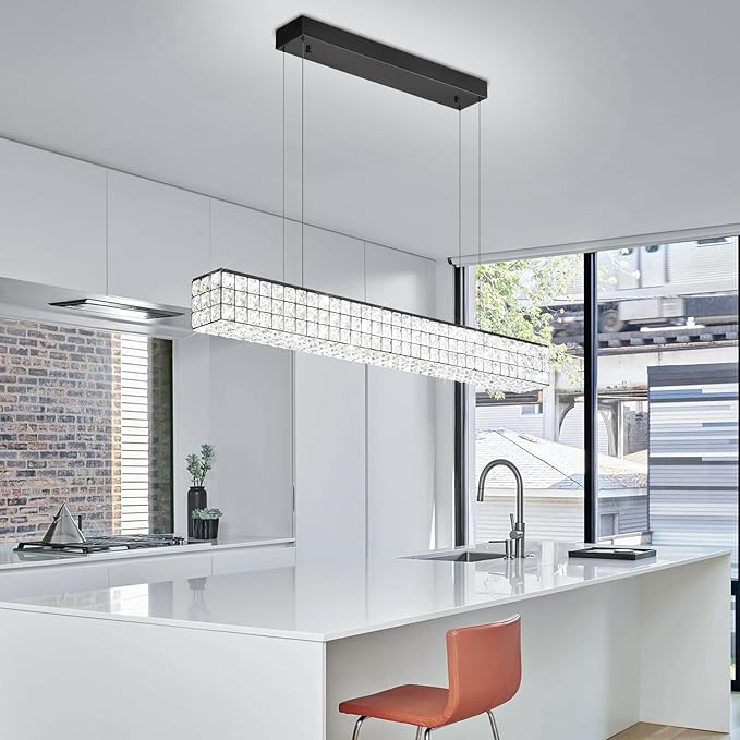 ykolupty Modern Rectangle Pendant Lights Dimmable LED Chandelier Lighting, Linear Black Dining Room Hanging Light Fixtures Kitchen Island Rectangle Chandelier for Dining Room (L 40")
