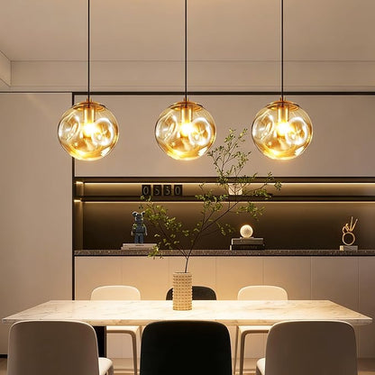 Modern Amber Concave Glass Pendant Light, 3-Pack Kitchen Island Lighting Single Globe Pendant Light Fixtures Century Kitchen Island Pendant Light for Bedroom Dining Room Light (Without Bulbs)