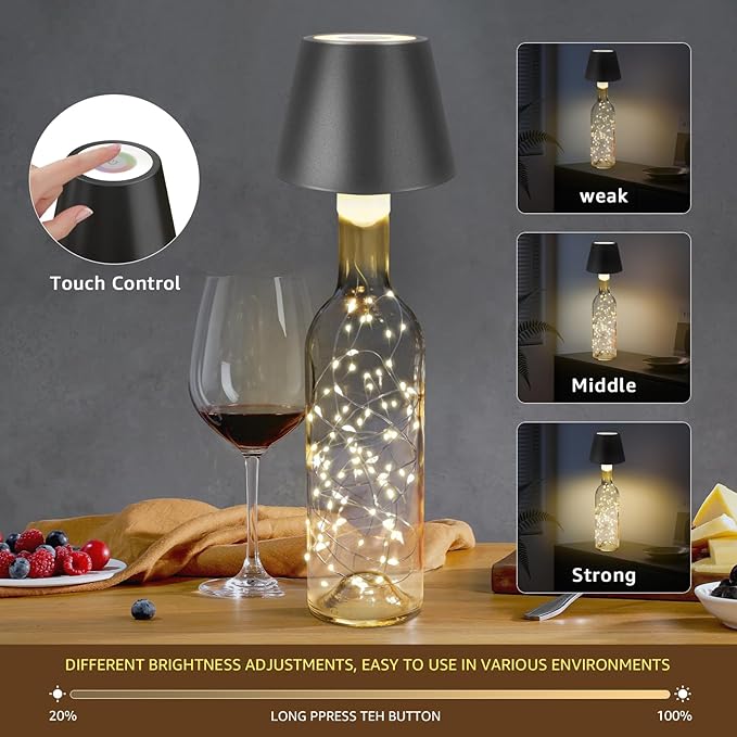 uuffoo Wine Bottle Lamps Wireless 8 Colors, 4000mAh Rechargeable Bottle Lights Cordless with Touch Dimming, Lamp Kit for Whiskey Liquor Bottles for Party Restaurant Home Bar Decor (1PC Black)
