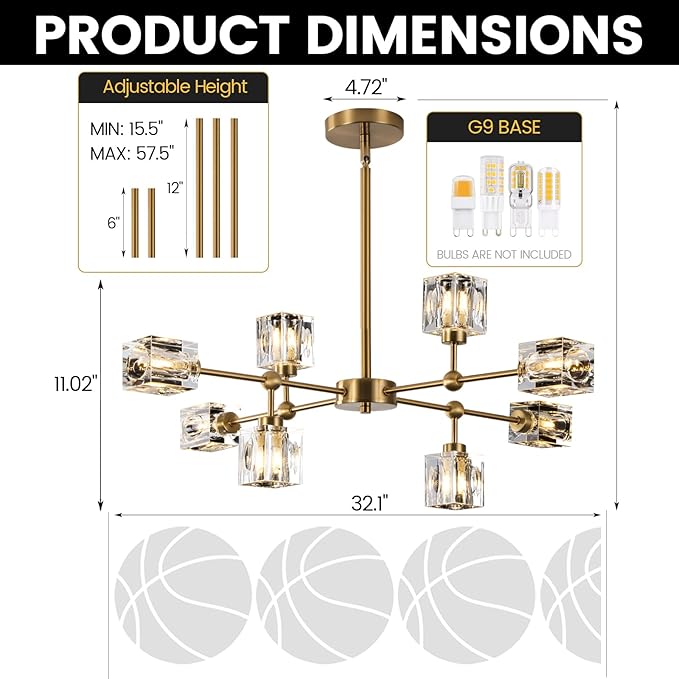 8-Light Gold Crystal Chandelier Modern Sputnik Chandeliers for Dining Room Adjustable Height Sputnik Ceiling Light Fixture for Living Room Kitchen Island Bedroom