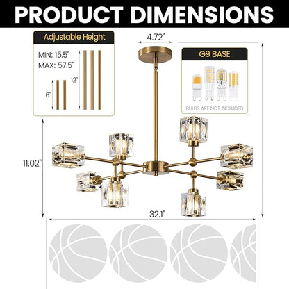 8-Light Gold Crystal Chandelier Modern Sputnik Chandeliers for Dining Room Adjustable Height Sputnik Ceiling Light Fixture for Living Room Kitchen Island Bedroom