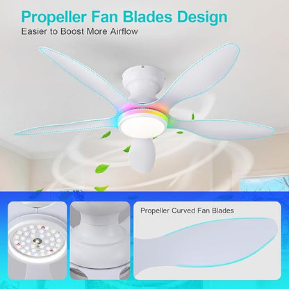 Ceiling Fans with Lights, 46 inch Modern Low Profile Ceiling Fan with Light and Remote App Control, Flush Mount, Quiet DC Reversible, RGB Led Ceiling Fan for Bedroom Kitchen Indoor/Outdoor Patio White