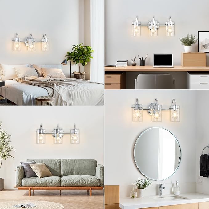 3 Lights Vanity Light, Polished Chrome Bathroom Wall Light Fixture Over Mirror, Modern Wall Sconce with Clear Glass Shade, Farmhouse Mount Lamp for Washroom, Living Room, Workshop