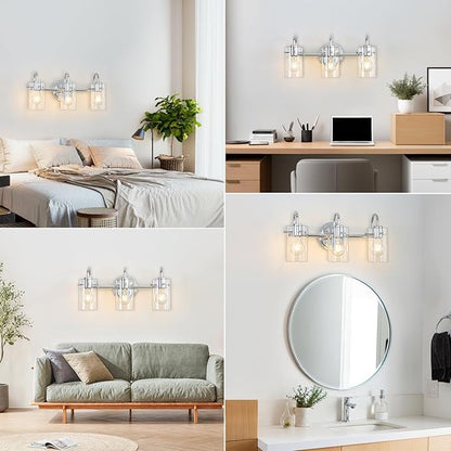 3 Lights Vanity Light, Polished Chrome Bathroom Wall Light Fixture Over Mirror, Modern Wall Sconce with Clear Glass Shade, Farmhouse Mount Lamp for Washroom, Living Room, Workshop