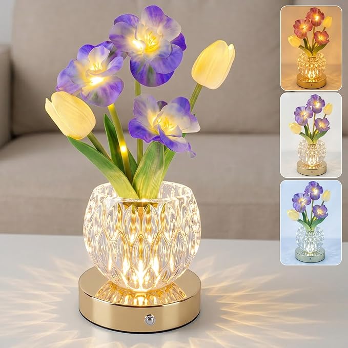 Flower Table Lamp, 3 Colors Touch Dimming Tulip Night Light, Rechargeable Artificial Flower Light, LED Flower with Vase Lamp Romantic Decor for Date Party Home (Blue-Sakura)
