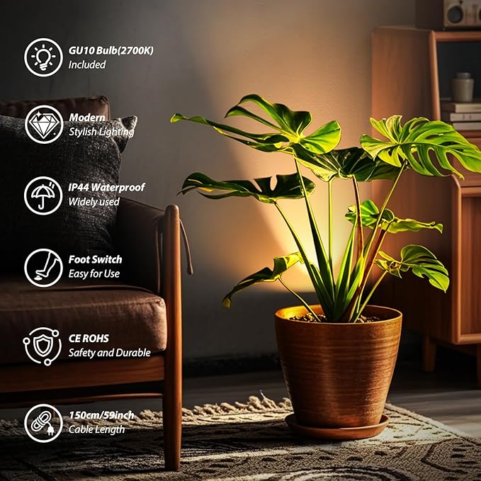 2 Pack Uplighting Indoor, 7W Floor Can Lights with 2700K LED GU10 Bulbs, IP44 Waterproof Uplights Spotlight for Dark Corner Sofa House Plant Wall Artwork Indoor, 6.5FT Plug Cord & Foot Switch