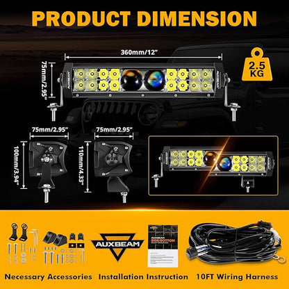 Auxbeam 12 Inch LED Light Bar, 100W 12000LM Spot Flood Combo Off Road Driving Lights, 5D-PRO Series Waterproof Dual Row Driving Work Lamp Lights with Wiring Harness for Cars Trucks Jeep ATV UTV Boats
