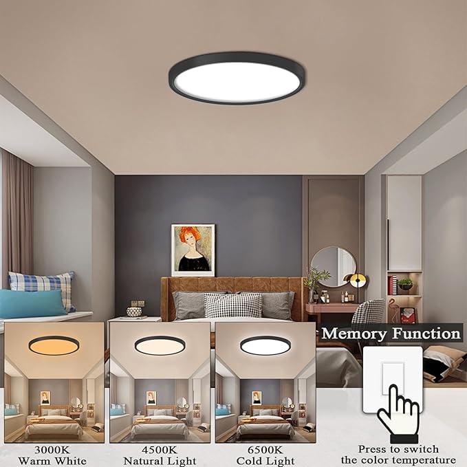 Ceiling Light Fixtures 9 Inches, 3 Color Temperatures Switchable 18W Round Black Shell LED Ceiling Mount Light for Bedroom, Kitchen, Living Room, Dining Room -3000K/4500K/6500K