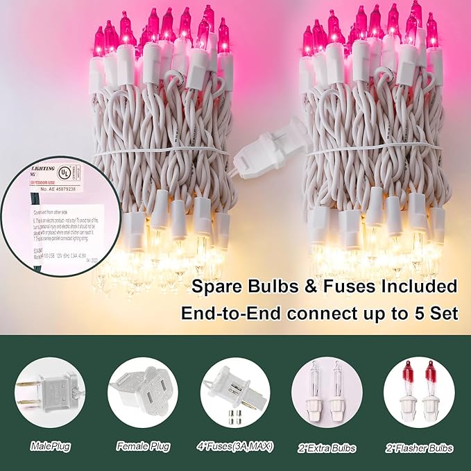 LAMPHOME Pink Clear Christmas Valentine's String Lights 100 Mini Incandescent Fairy Light Decor 20 Ft White Wire Indoor & Outdoor Party Patio Bedroom, Xmas Tree Garland Easter Holiday Decoration