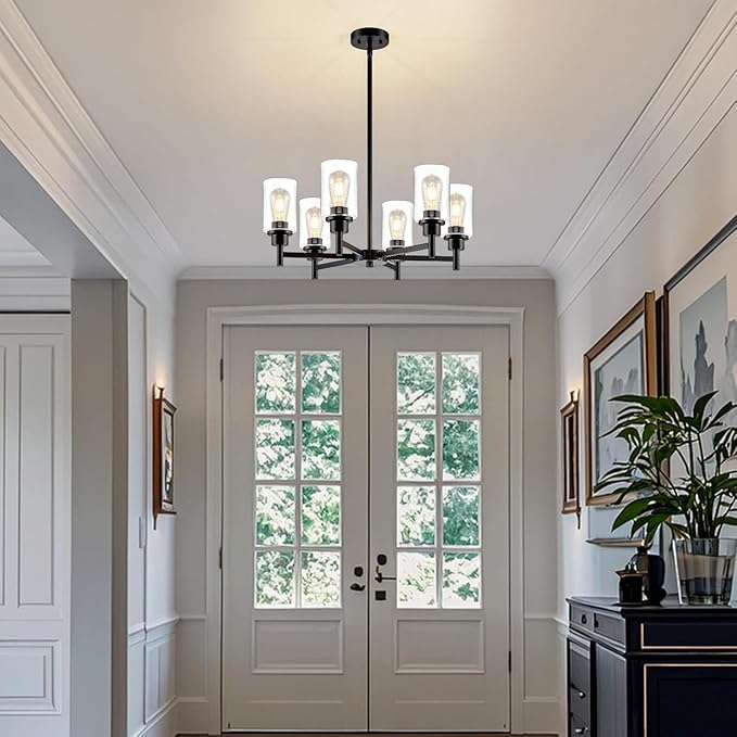 Modern Black Chandeliers for Dining Room, 6-Light Chandelier Light Fixture with Clear Glass Shades, Metal Hanging Pendant Lighting for Living Room, Kitchen, Staircase, Entryway