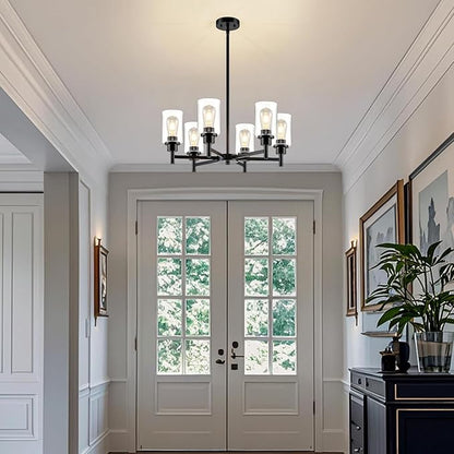 Modern Black Chandeliers for Dining Room, 6-Light Chandelier Light Fixture with Clear Glass Shades, Metal Hanging Pendant Lighting for Living Room, Kitchen, Staircase, Entryway