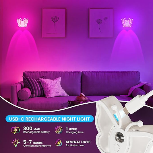 LOFTEK Rechargeable Motion Sensor Night Light, RGB Color Changing & Dimmable Butterfly Night Light for Kids, Wireless Stick on Wall, Bedside, Bathroom, Hallway, Stairs, Cabinet, Black
