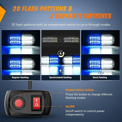 Nilight 4PCS LED Strobe lights 12V 24V Sync Feature Blue White 24LED Emergency Hazard Warning Lights with Controller Hard Wire or Cigarette Lighter Plug for Car Truck RVs Campers