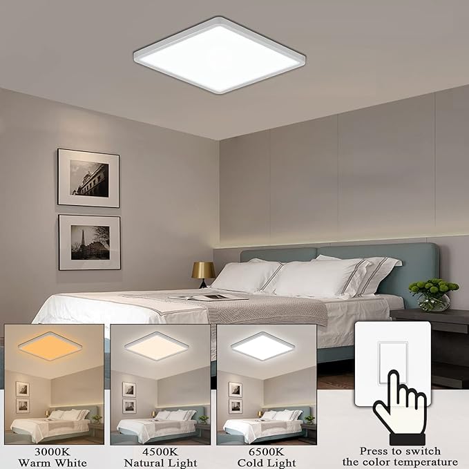 Flush Mount Ceiling Light - Switchable Color Temperature (3000K/4500K/6500K), 36W Square Ceiling Mount Light Fixture for Kitchen, Hallway, Bedroom, Living Room