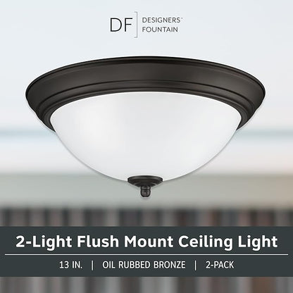 Designers Fountain Flush Mount Ceiling Light, 2-Pack, 13 Inch Frosted Glass Lighting Fixture for Kitchen, Bedroom, Bathroom, and Hallway, LED Bulbs Not Included, Oil Rubbed Bronze