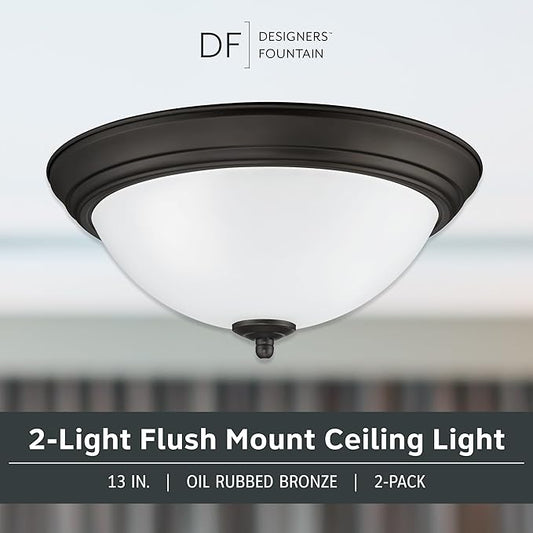 Designers Fountain Flush Mount Ceiling Light, 2-Pack, 13 Inch Frosted Glass Lighting Fixture for Kitchen, Bedroom, Bathroom, and Hallway, LED Bulbs Not Included, Oil Rubbed Bronze