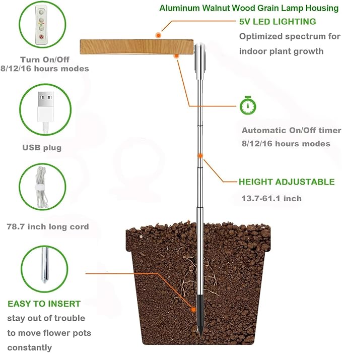 yadoker Plant Grow Light, LED Growing Light Full Spectrum for Indoor Plants, Paired with a Soil Tester,Height Adjustable, Automatic Timer, 5V Low Safe Voltage,Idea for Large Plant Light