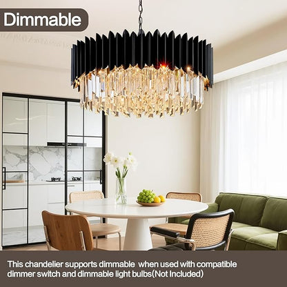 Modern Black Crystal Chandelier 24" Round Chandeliers 8-Lights Ceiling Pendant Light Fixtures 5 Tiers for Dining Room Living Room Bedroom Foyer Entryway