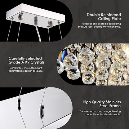 Siljoy Modern Rectangular Crystal Chandelier, 47" Rectangle Raindrop Hanging Ceiling Pendant Light Fixture Adjustable Height for Kitchen Island Dining Room, Polished Chrome Finish, L47 x W10 x H10