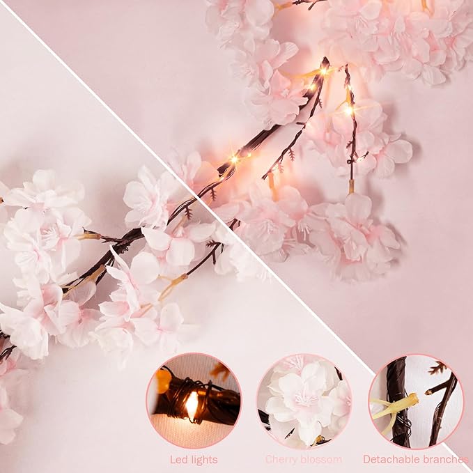 obbsie 6FT Lighted Cherry Blossom Garland with 100 Fairy Lights Timer Battery Operated Artificial Cherry Blossom Flower Vines with Lights for Mantle Home Fireplace Wedding Party Office Decor