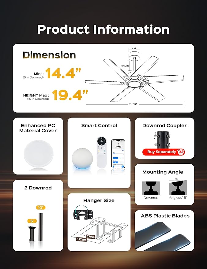 52 Inch Smart Ceiling Fan with LED Lights and WiFi Alexa APP Remote,Modern Black Ceiling Fan with ABS Blades,3CCT,6 Speed,Quiet Reversible DC Motor Indoor Outdoor Fan for Patio,Garage,Bedroom