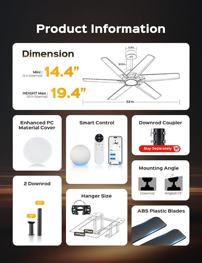 52 Inch Smart Ceiling Fan with LED Lights and WiFi Alexa APP Remote,Modern Black Ceiling Fan with ABS Blades,3CCT,6 Speed,Quiet Reversible DC Motor Indoor Outdoor Fan for Patio,Garage,Bedroom