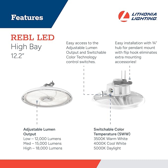 Lithonia Lighting REBL Round High Bay LED Light, 12,000/15,000/18,000 Adjustable Lumen Output, 3500K/4000K/5000K Switchable White Color Temperature, Work Light, UVOLT 120-347V, 12.2" x 7.5", White