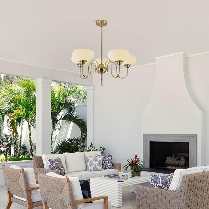 BOKT Modern Chandelier for Living Room, Mid Century Gold Chandelier for Dining Room, Vintage Milk Glass Globe Chandeliers for Different Ceilings
