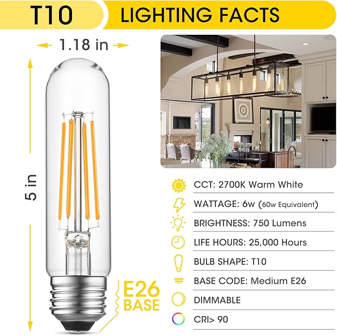 Gozelux Dimmable E26 Edison Bulb, AC120V Warm White 2700K Light Bulbs, 6W Equal 60 watt 750LM Tubular T10 LED for Rustic Pendant, Chandeliers, Wall Sconces,Vanity, Pack of 4