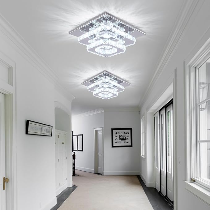 FRIXCHUR Dimmable Crystal Chandelier Ceiling Light with Remote Square Led Flush Mount Small Chandelier for Dining Room Kitchen Wedding Hallway Foyer,9.8"