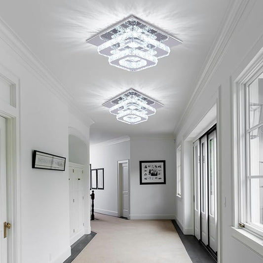 FRIXCHUR Dimmable Crystal Chandelier Ceiling Light with Remote Square Led Flush Mount Small Chandelier for Dining Room Kitchen Wedding Hallway Foyer,9.8"
