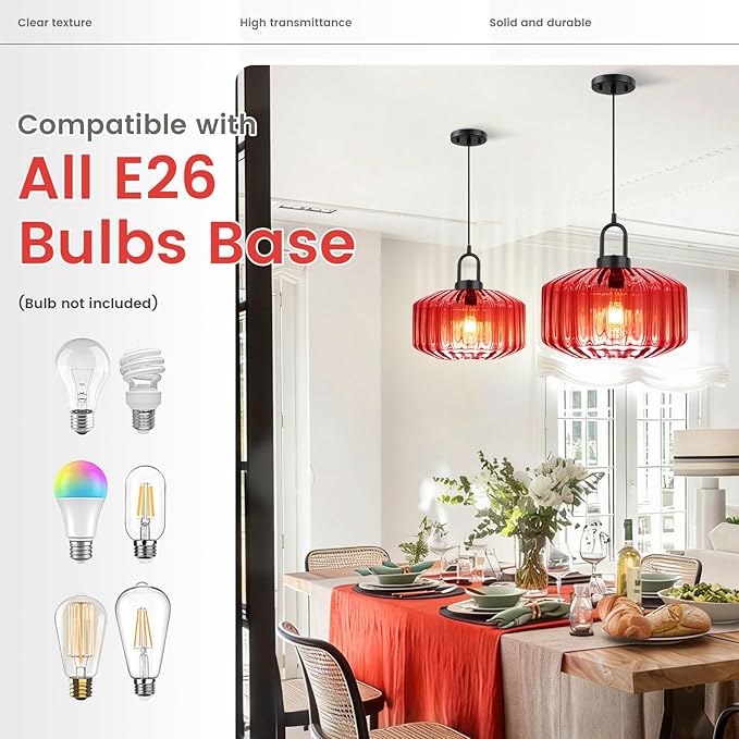 Kitchen Island Pendant Light Fixture Red Glass Hanging Lights with 11" Hand Blown Glass Shade Vintage Modern Ceiling Pendant Lighting Black Metal Finish Dining Room Adjustable Height