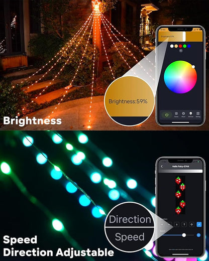 Outdoor Christmas Decorations Lights with Star, Smart DIY Custom Display 11.8Ft 100 Modes Yard Waterfall Tree String Lights, App Control 344LED RGB Color Changing Music Timer for Xmas Tree Lawn Decor