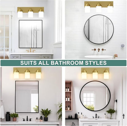 IZORRO Bathroom Vanity Light Fixture, 3-Light 22 Inch Gold Bathroom Light Fixtures Over Mirror, with White Glass Shade, Modern Farmhouse Vanity Lights, Rustic Restroom Lighting Fixtures