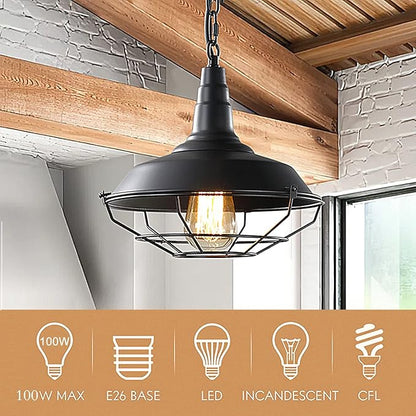 Industrial Pendant Lights 2 Pack Farmhouse Pendant Lights with Adjustable Chain, D10.2 Rustic Pendant Lighting Barn Black Metal Hanging Lights with Wire Cage for Kitchen Island Dining Room