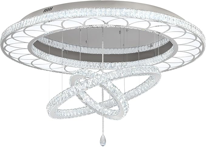 Flashing God Extra Large Chandelier Dia 55" Chrome Chandeliers Flush Mount Chandelier for Living Room Bedroom Dining Room Hallway Dimmable 3 Rings Ceiling Chandeliers