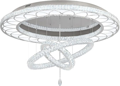 Flashing God Extra Large Chandelier Dia 55" Chrome Chandeliers Flush Mount Chandelier for Living Room Bedroom Dining Room Hallway Dimmable 3 Rings Ceiling Chandeliers