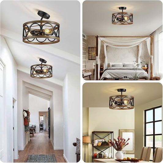 XINGQI Semi Flush Mount Ceiling Light Fixture Modern 3-Light Farmhouse Ceiling Lights for Bedroom Living Room Dining Room Entry Hallway Foyer 13" Black and Wood Grain Finish