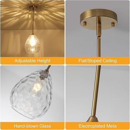 7.8" Island Lights for Kitchen， Glass Pendant Light for Kitchen Island, Gold Hand-Blown Pendant Lights Fixtures with Adjustable Height, Ideal for Kitchen Island, Dining Room, Bedroom, Entryway