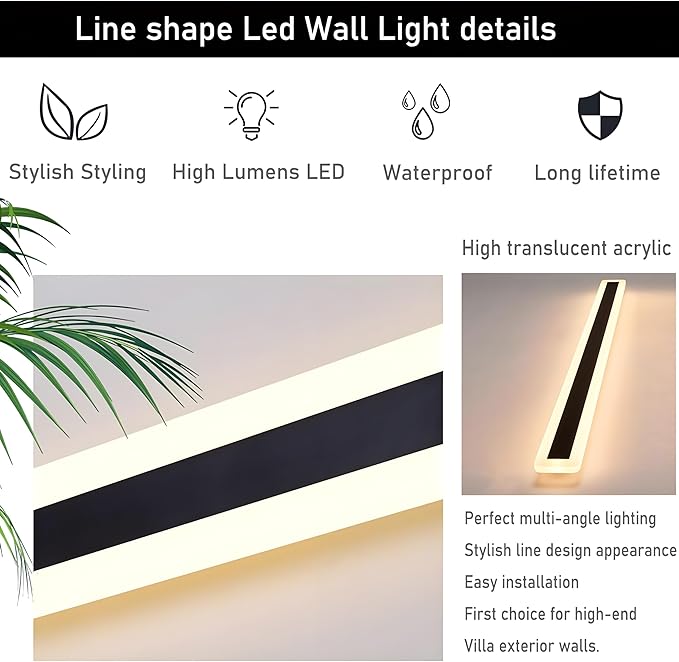2Pack 31.5inch Long Outdoor Modern LED Wall Light,24W Waterproof IP65 Warm White 110V led Wall Mount Lighting Fixture Rectangular Black Wall Lights Elegant Frosted White Acrylic Anti Rust.
