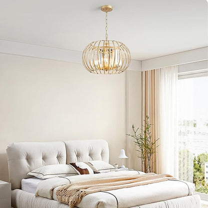Modern Chandelier for Dining Room 17.7" Gold Crystal Pendant Lighting Fixture Rustic Round Metal Shade Hanging Ceiling 4-Light for Living Room Bedroom Kitchen Island Hallway