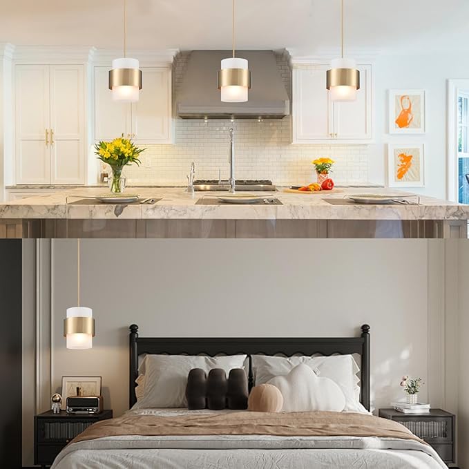 DEYNITE Modern Mini Gold Pendant Light Fixtures Glass Cylinder Hanging Lamp for Kitchen Dining Bathroom