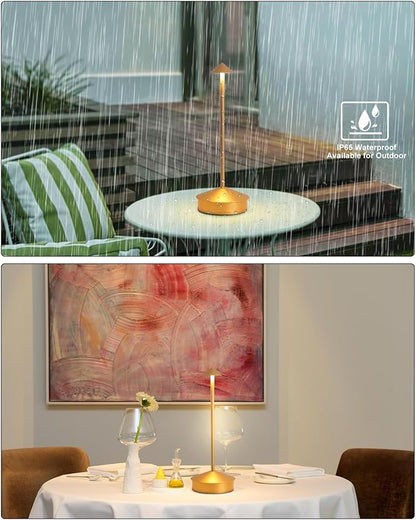 2 Pack Aluminum Cordless Table Lamp, 6000mAh Rechargeable Table Lamps, Portable Touch LED Lamp, Outdoor Waterproof Dimmable Cordless Rechargeable Table Lamps for Restaurant/Patio- Black (1 Pcs Gold)